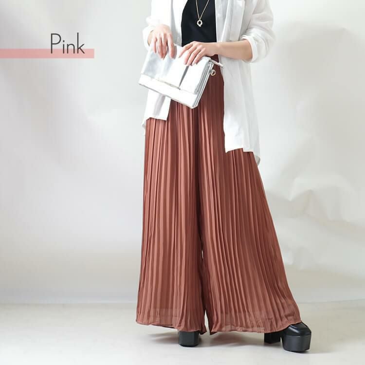 大きいサイズ レディース シースループリーツワイドパンツ　goldy-905 ピンク