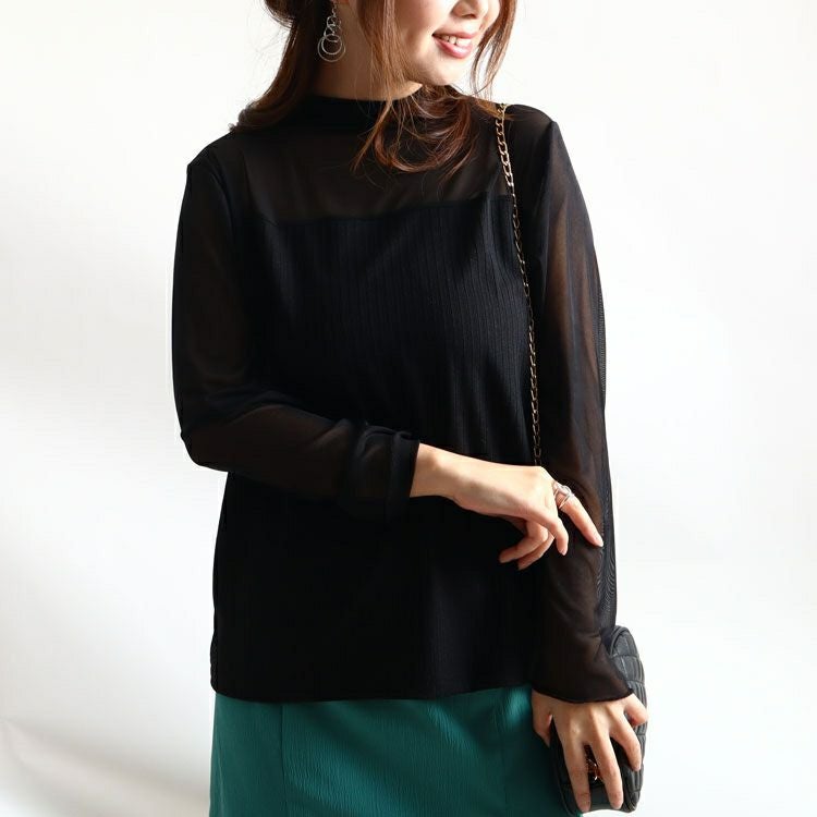 大きいサイズ レディース チュール切替えハイネックリブトップス　jp337 【メール便可】