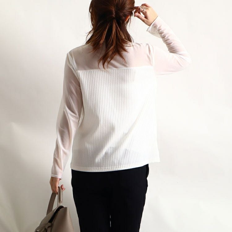 大きいサイズ レディース チュール切替えハイネックリブトップス　jp337 【メール便可】