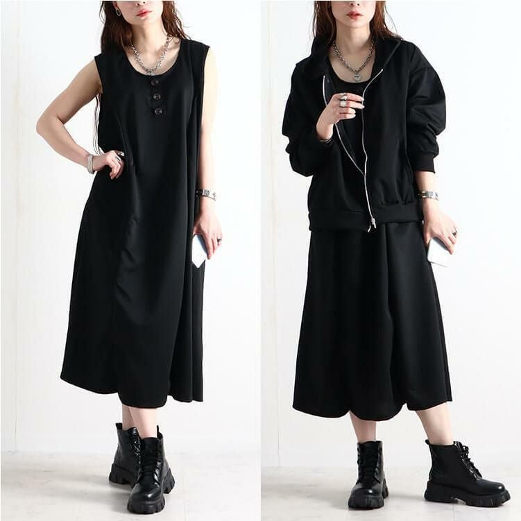 大きいサイズ レディース パーカー＆ノースリーブワンピースセット　goldy-919 ブラック