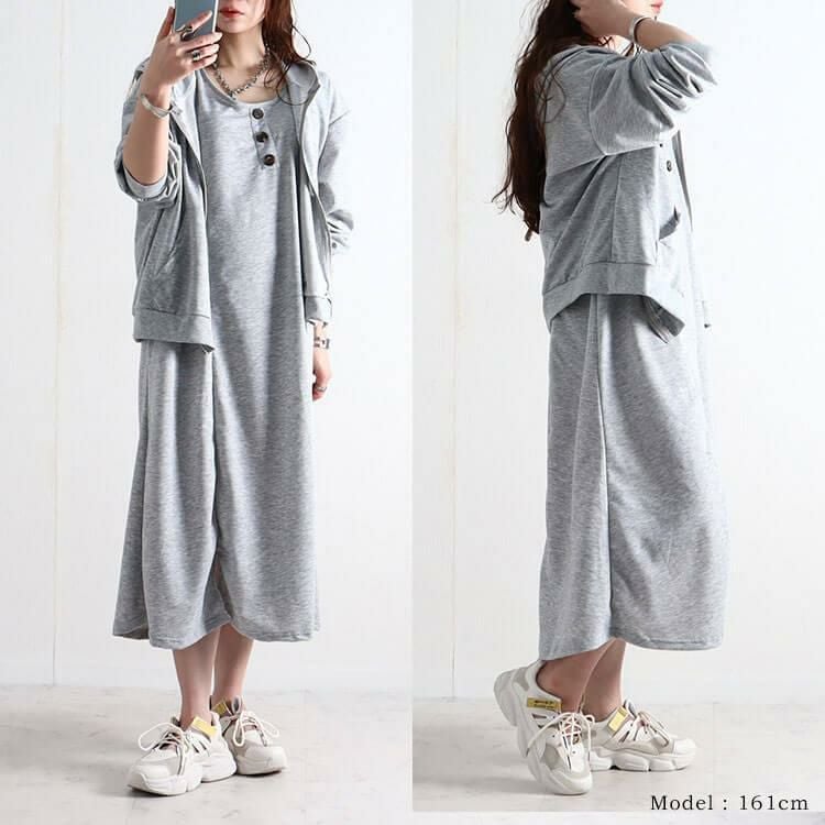 大きいサイズ レディース パーカー＆ノースリーブワンピースセット　goldy-919 グレー
