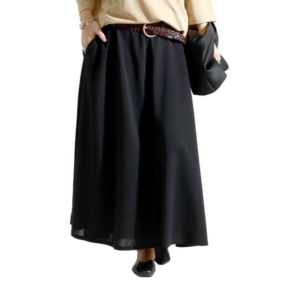 大きいサイズ レディース ストレッチカットソーフレアロングスカート　maru-6490 ブラック