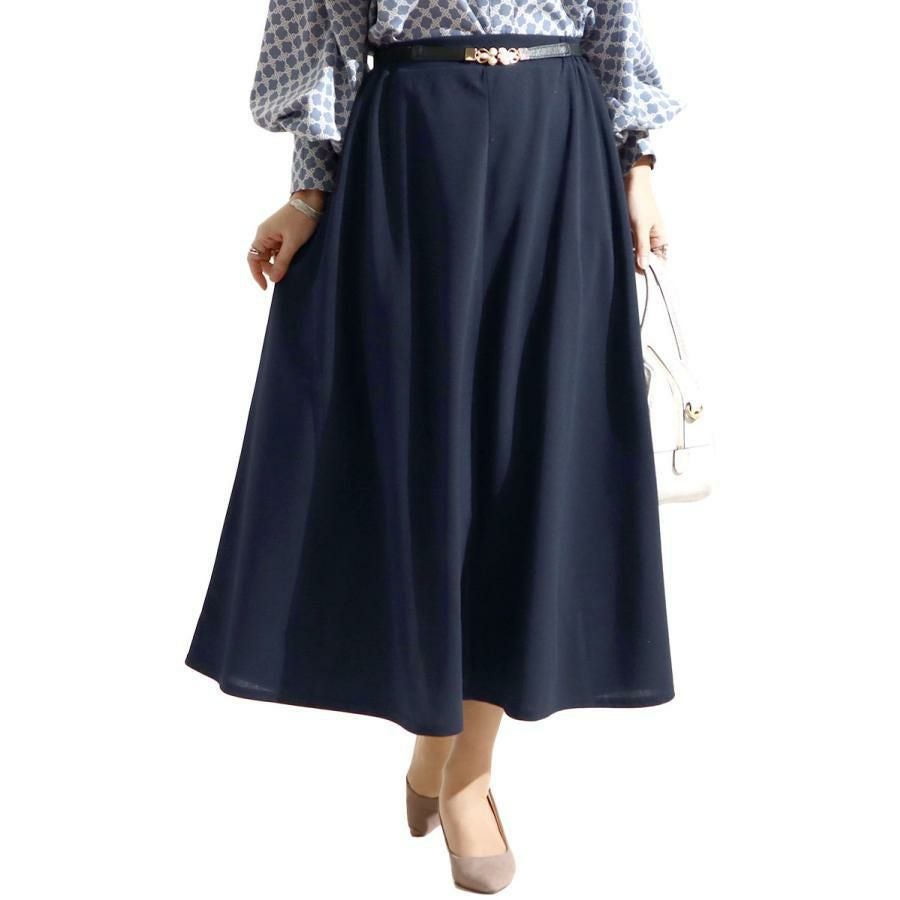 大きいサイズ レディース ストレッチカットソーフレアロングスカート　maru-6490 ネイビー