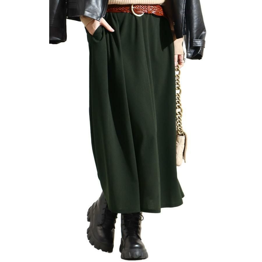 大きいサイズ レディース ストレッチカットソーフレアロングスカート　maru-6490 カーキ