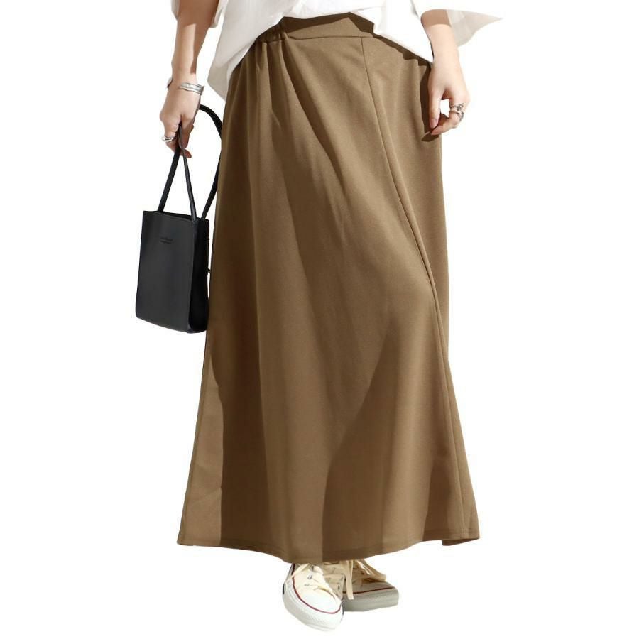 大きいサイズ レディース ストレッチカットソーフレアロングスカート　maru-6490 ベージュ