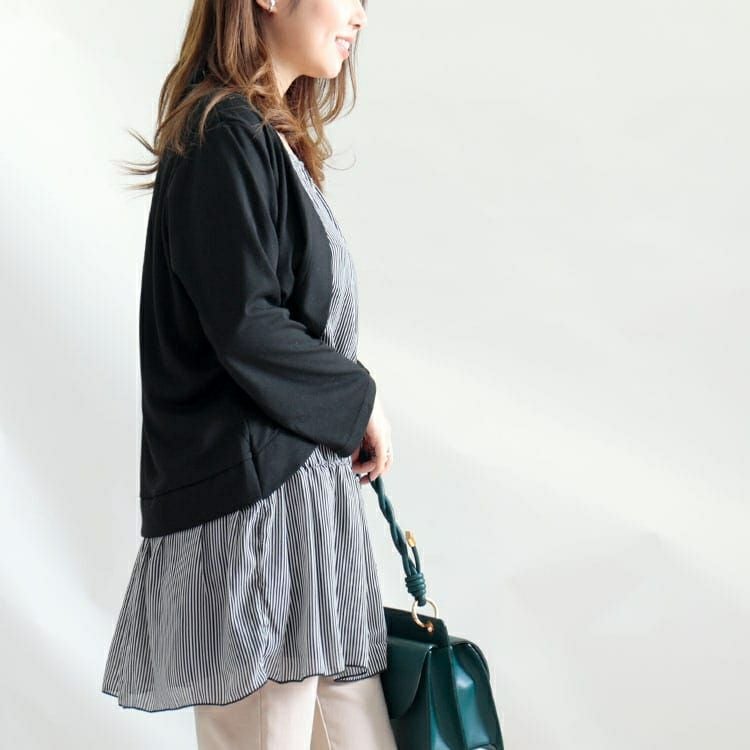 大きいサイズ レディース カーデフェイクストライプ柄シフォンチュニック　cast-5522047