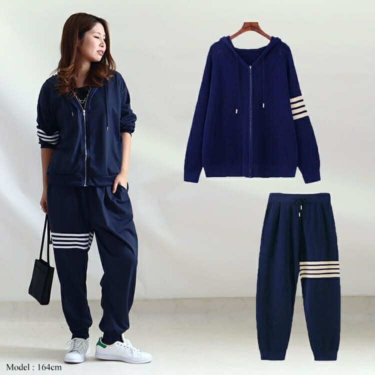 大きいサイズ レディース ラインデザインパーカー＆パンツセット　goldy-941