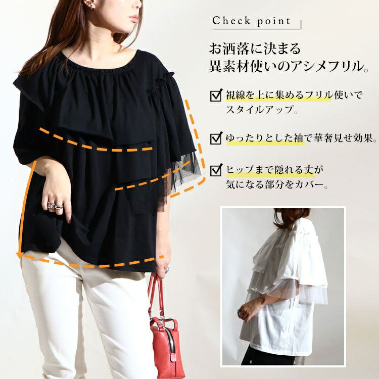 大きいサイズ レディース アシメフリル異素材カットソー　fem-226　【ゆうパケット可】