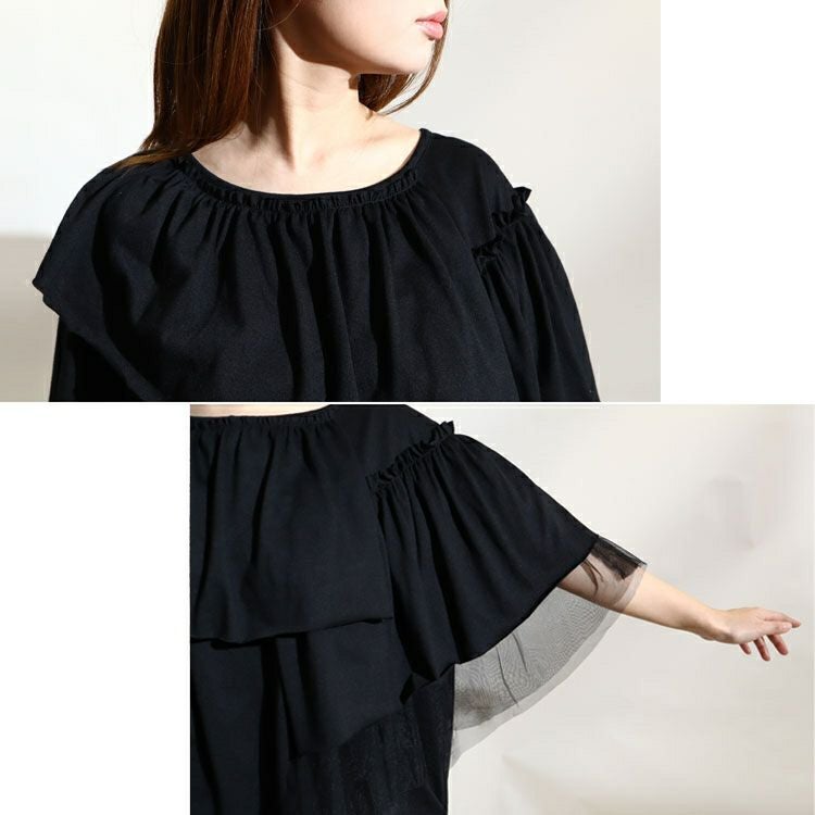 大きいサイズ レディース アシメフリル異素材カットソー　fem-226　【ゆうパケット可】
