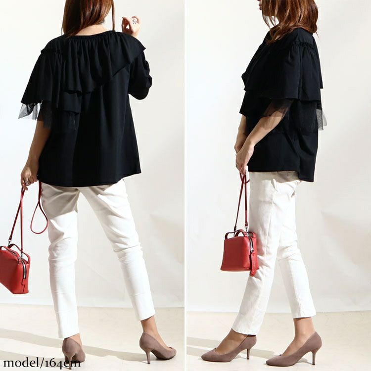 大きいサイズ レディース アシメフリル異素材カットソー　fem-226　【ゆうパケット可】