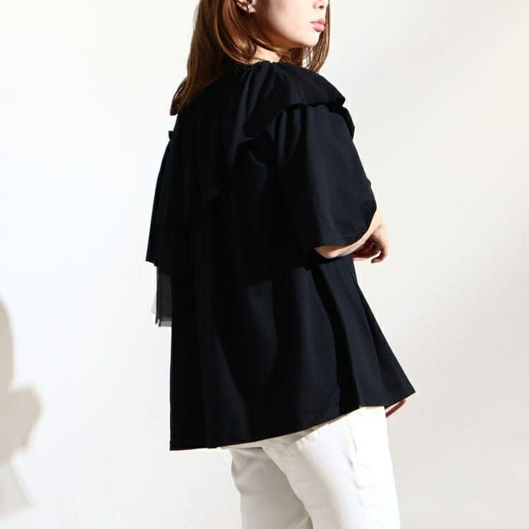 大きいサイズ レディース アシメフリル異素材カットソー　fem-226　【ゆうパケット可】