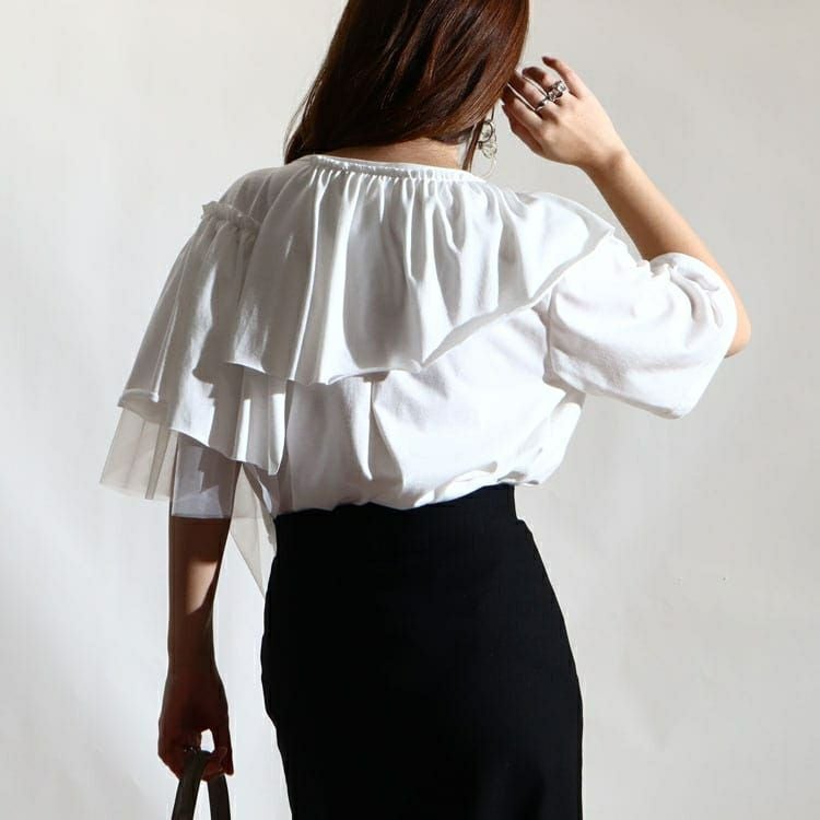 大きいサイズ レディース アシメフリル異素材カットソー　fem-226　【ゆうパケット可】