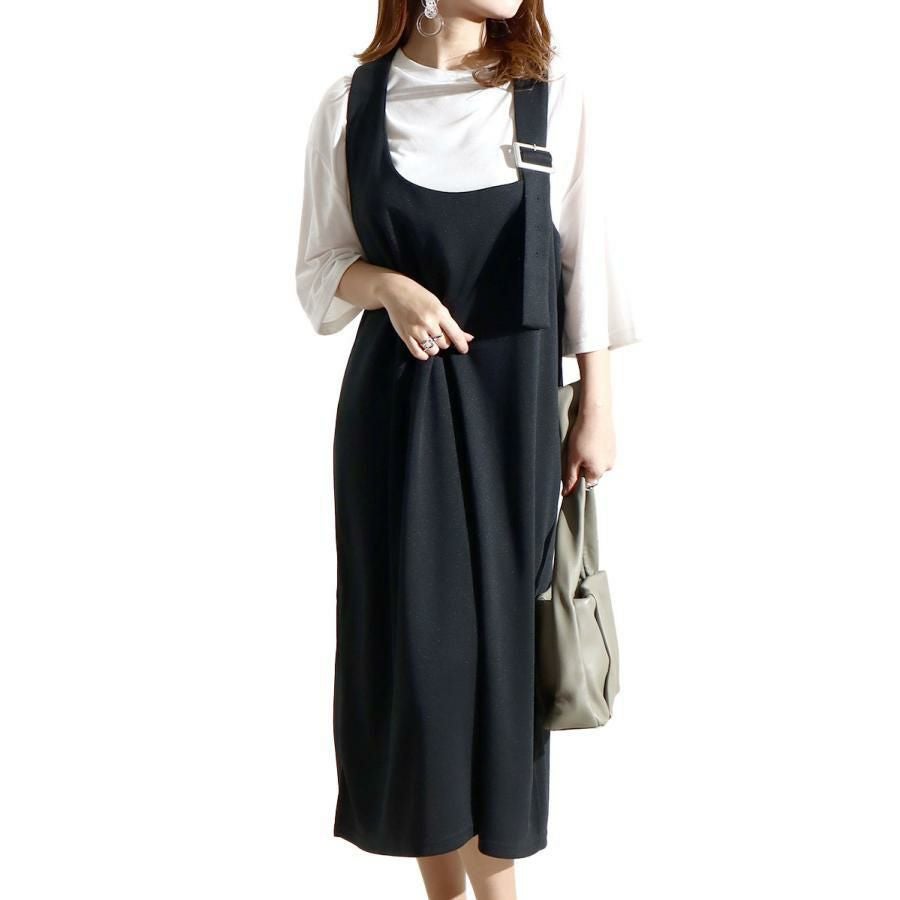 大きいサイズ レディース 2点セットジャンパースカート＆Tシャツ　mncut-122134 ブラック