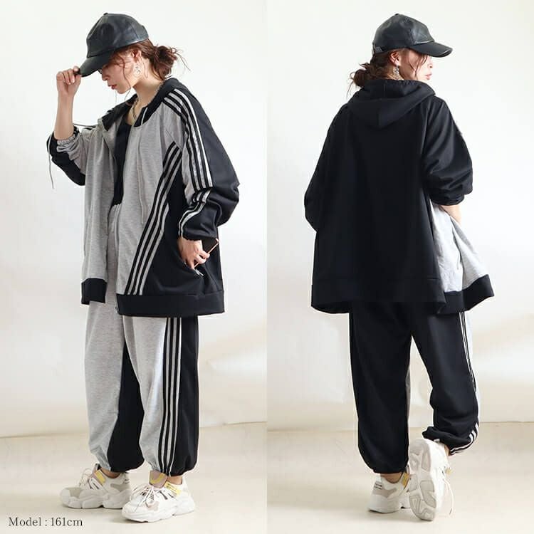 大きいサイズ レディース アシンメトリーラインパーカー＆パンツセット　goldy-918