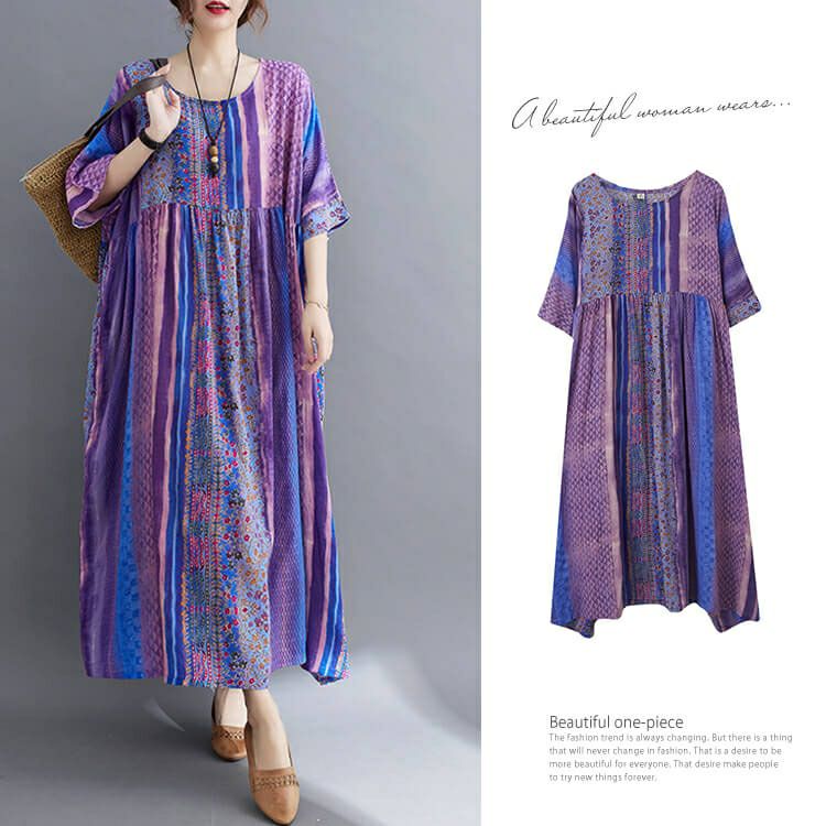 大きいサイズ レディース パープルフラワーワンピース　goldy-969 【メール便可】