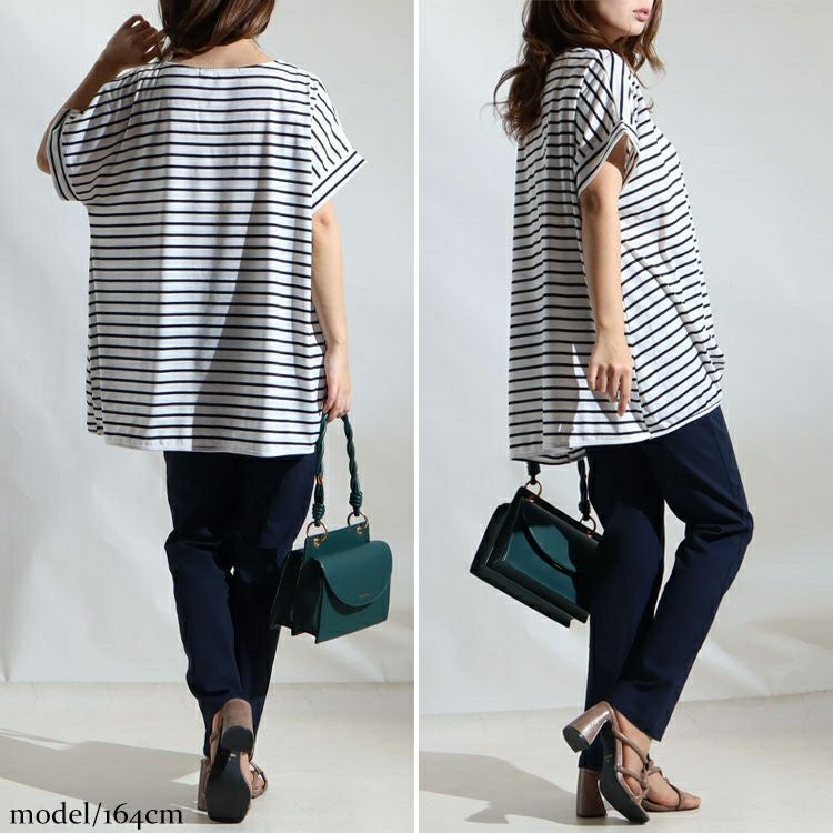 大きいサイズ レディース 裾タックボーダー柄カットソー　mncut-122218 【メール便可】