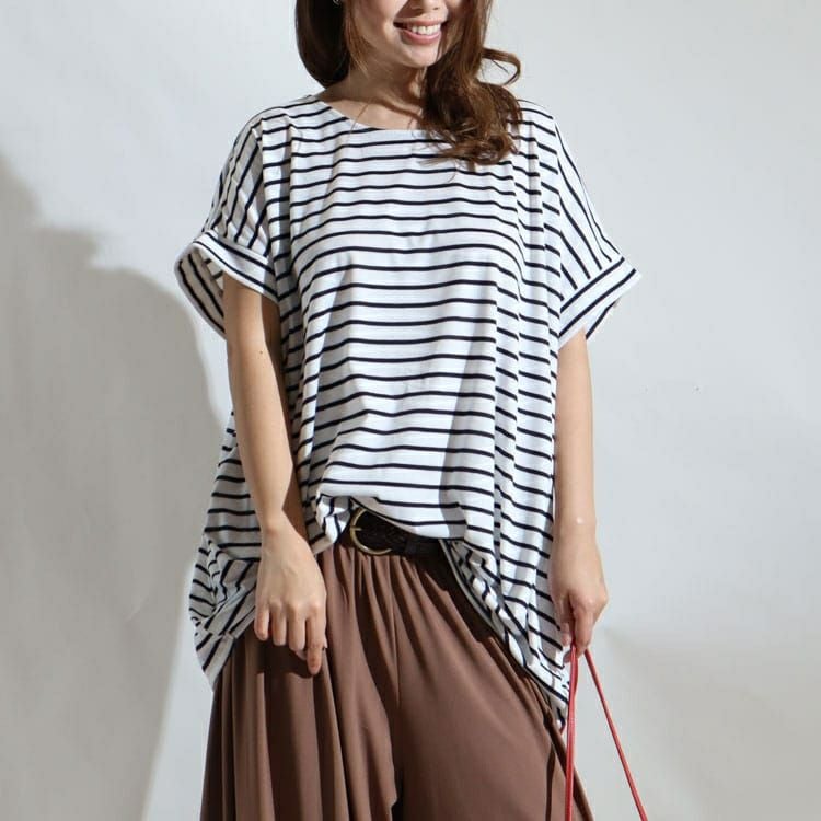 大きいサイズ レディース 裾タックボーダー柄カットソー　mncut-122218 【メール便可】