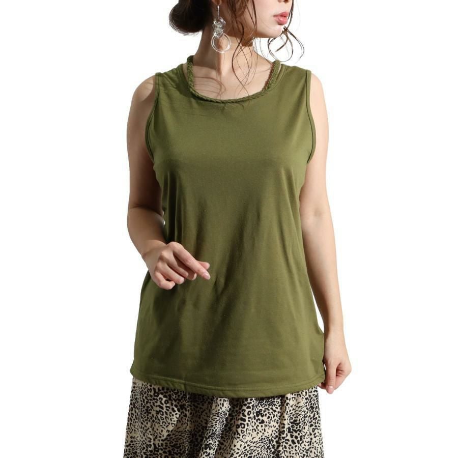 大きいサイズ レディース 吸水速乾三つ編みタンクトップ　mncut-122217 【メール便可】 カーキ