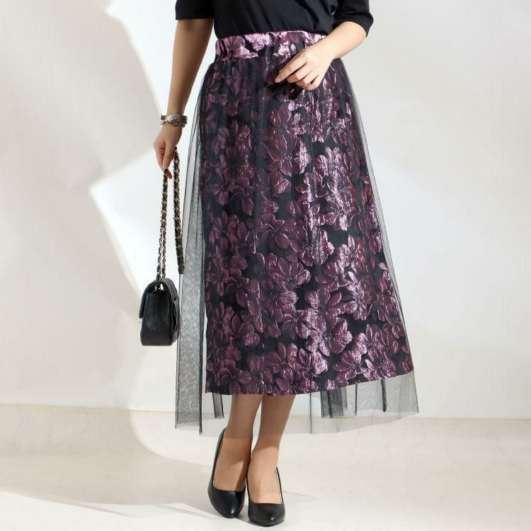 大きいサイズ レディース チュールジャガードスカート　u2-0041 ブラック×ピンク