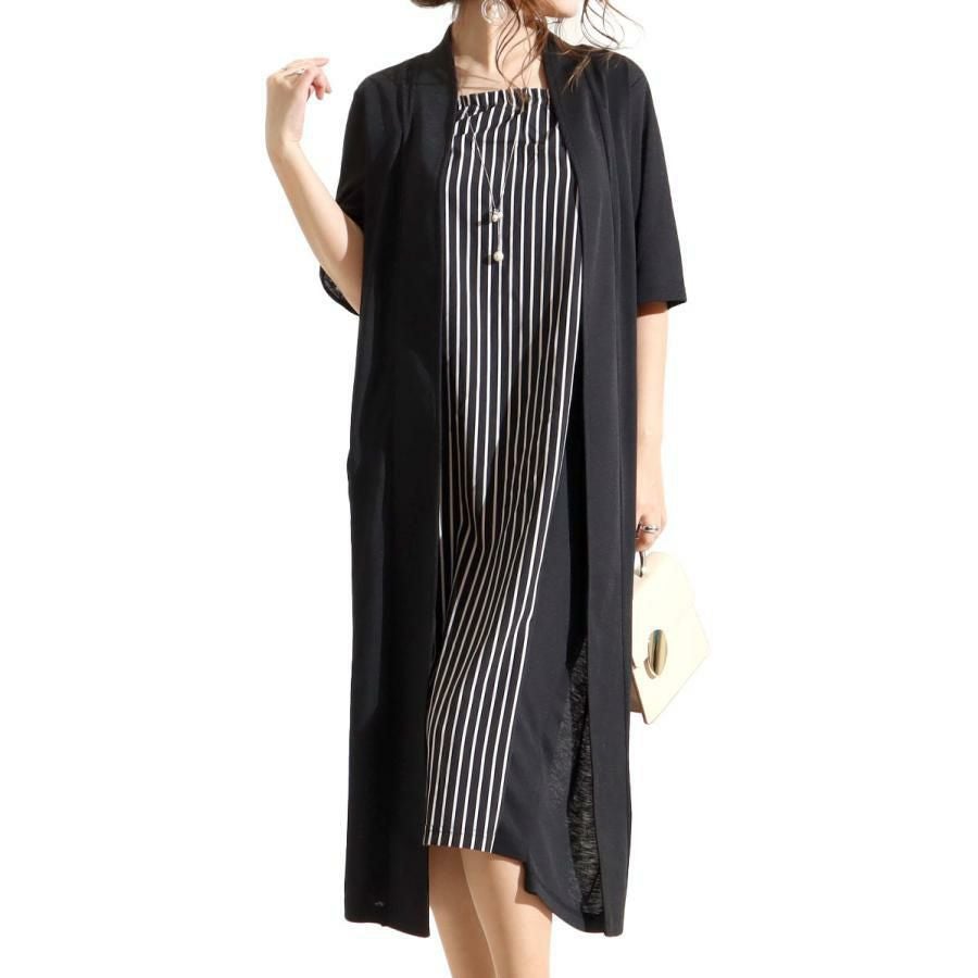 大きいサイズ レディース ストライプ柄フェイクワンピース　u2-0039 ブラック