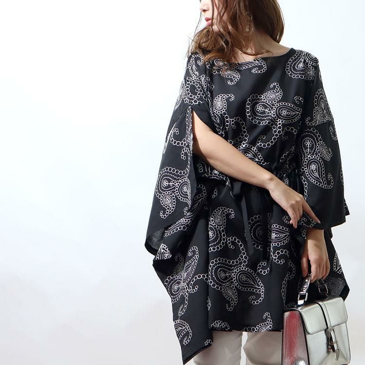 大きいサイズ レディース ペイズリー柄刺繍ブラウジングチュニック　u2-0036 ブラック