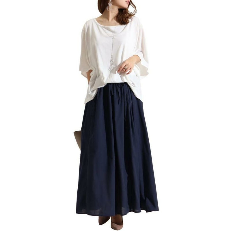 大きいサイズ レディース 異素材ドッキングワンピース　nw-22002 ホワイト×ネイビー