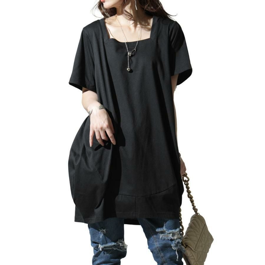 大きいサイズ レディース スクエアネックコクーンチュニック　bai-0099 ブラック