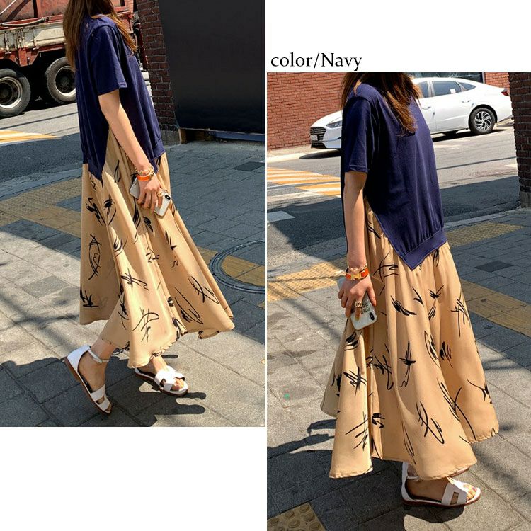 大きいサイズ レディース 異素材ドッキングワンピース　goldy-955 【メール便可】