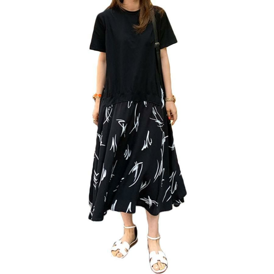 大きいサイズ レディース 異素材ドッキングワンピース　goldy-955 【メール便可】 ブラック