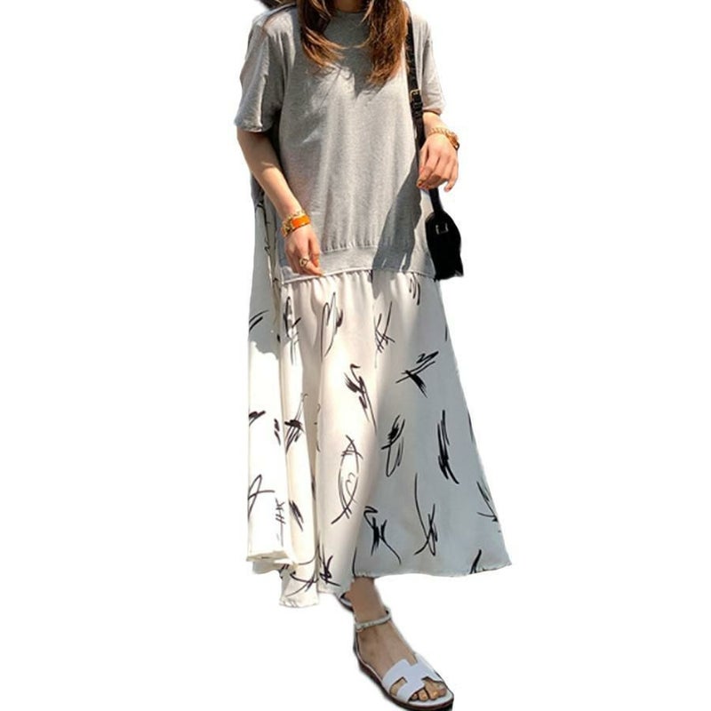 大きいサイズ レディース 異素材ドッキングワンピース　goldy-955 【メール便可】 グレー