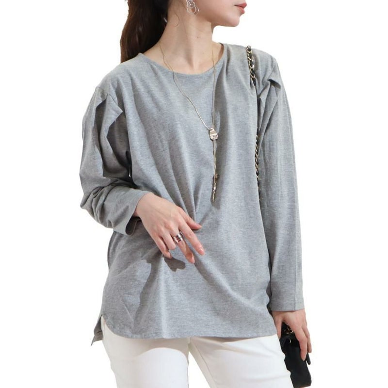 大きいサイズ レディース 袖タックコットンカットソー　wk-0308 【メール便可】 杢グレー