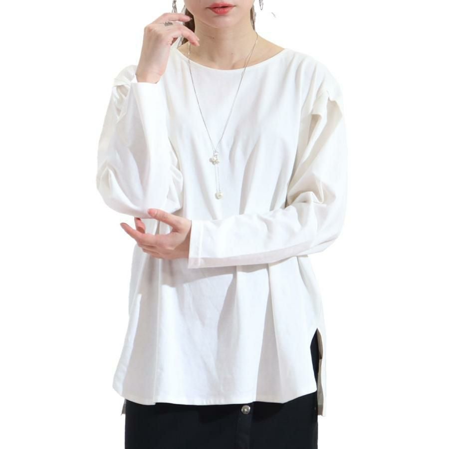 大きいサイズ レディース 袖タックコットンカットソー　wk-0308 【メール便可】 オフホワイト