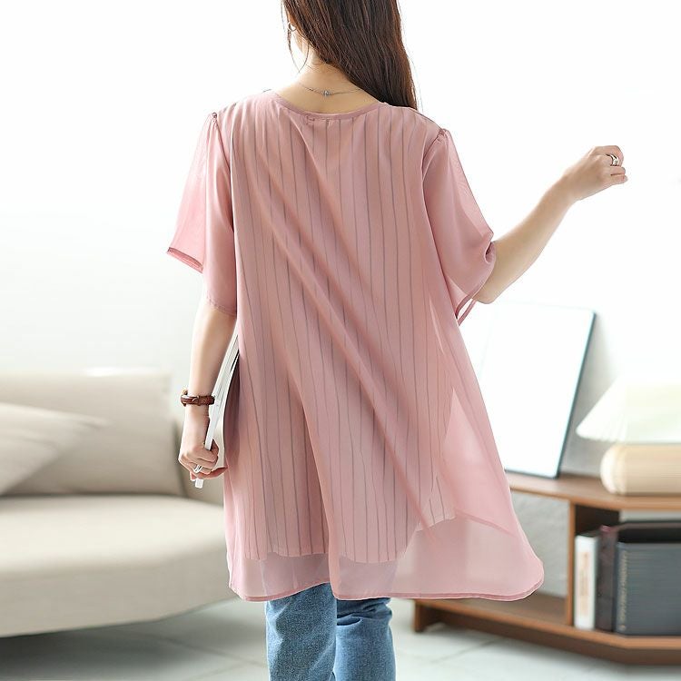 大きいサイズ レディース ストライプ柄シフォンフェイクチュニック　cast-5524023