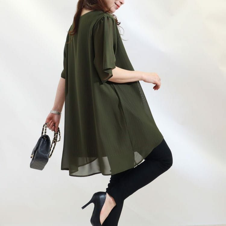 大きいサイズ レディース ストライプ柄シフォンフェイクチュニック　cast-5524023