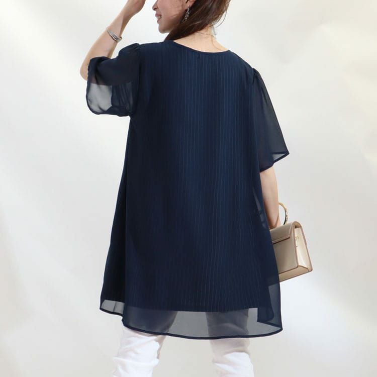 大きいサイズ レディース ストライプ柄シフォンフェイクチュニック　cast-5524023