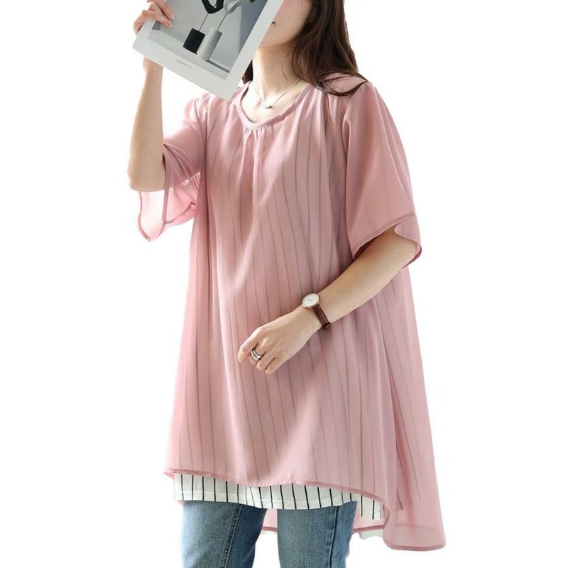 大きいサイズ レディース ストライプ柄シフォンフェイクチュニック　cast-5524023 ピンク