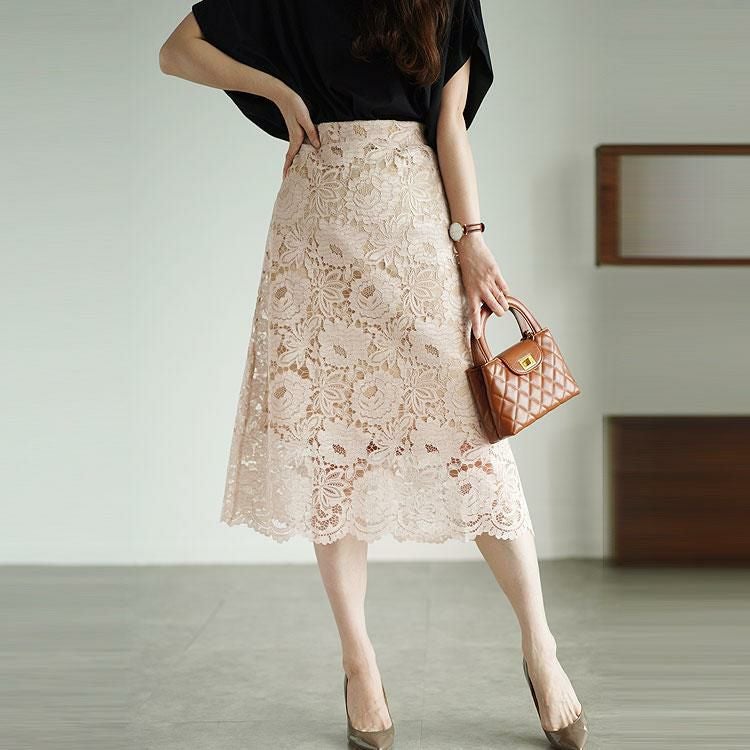 大きいサイズ レディース 総レーススカート　mncut-122171 【メール便可】 グレージュ