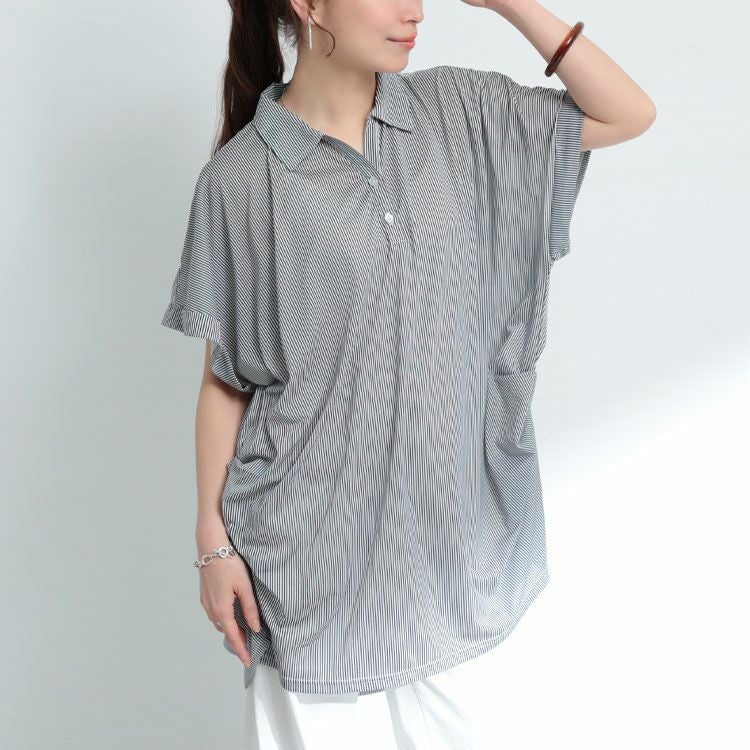 大きいサイズ レディース ストライプ柄スキッパーシャツ　cast-5524016 【メール便可】