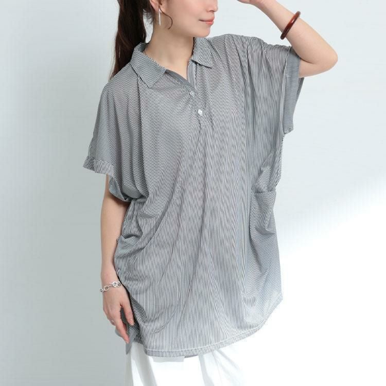 大きいサイズ レディース ストライプ柄スキッパーシャツ　cast-5524016 【メール便可】 ネイビー