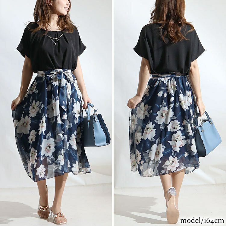 大きいサイズ レディース 花柄シフォンフレアスカート　goldy-964 【メール便可】
