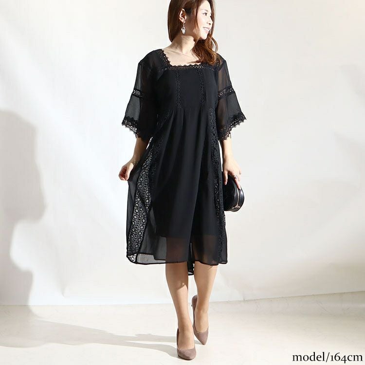 大きいサイズ レディース レース切替えシフォンワンピース　goldy-936