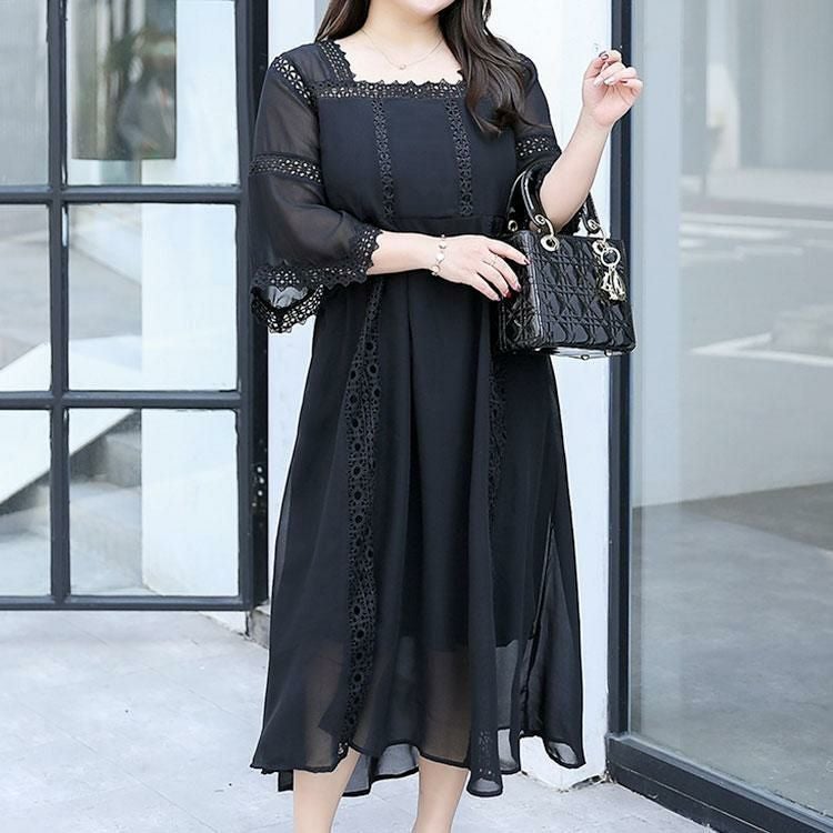 大きいサイズ レディース レース切替えシフォンワンピース　goldy-936 ブラック