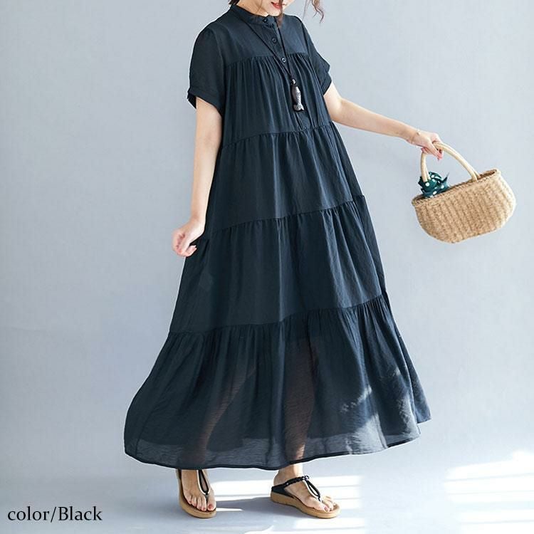 大きいサイズ レディース ティアードシャツワンピース　goldy-953 【メール便可】 ブラック