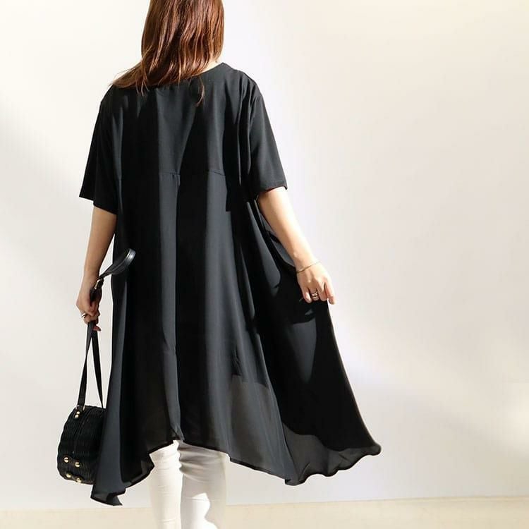 大きいサイズ レディース 異素材テールカットチュニック　mncut-122248 【メール便可】 ブラック