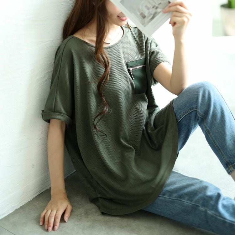 大きいサイズ レディース ZIPポケットワッフルカットソー　mncut-122246 【メール便可】