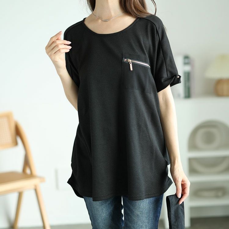 大きいサイズ レディース ZIPポケットワッフルカットソー　mncut-122246 【メール便可】