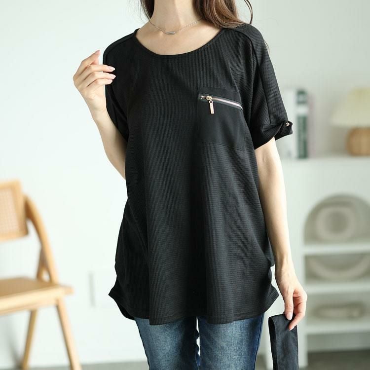 大きいサイズ レディース ZIPポケットワッフルカットソー　mncut-122246 【メール便可】 ブラック