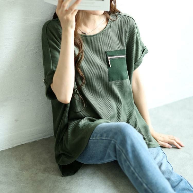 大きいサイズ レディース ZIPポケットワッフルカットソー　mncut-122246 【メール便可】 カーキ
