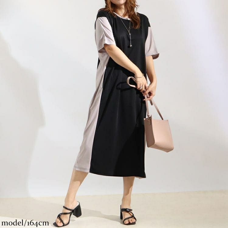大きいサイズ レディース 細見え配色切替えワンピース　maru-6502k