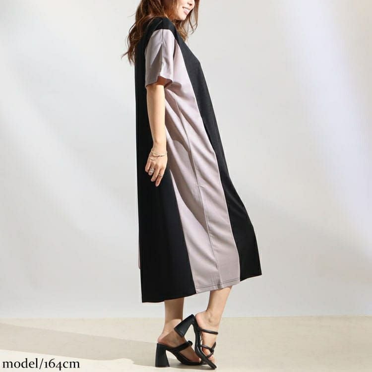 大きいサイズ レディース 細見え配色切替えワンピース　maru-6502k